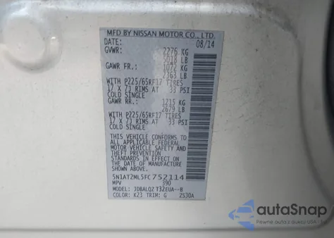 2015 Nissan Rogue Sv z USA, uszkodzony, nr VIN 5N1AT2ML5FC752114